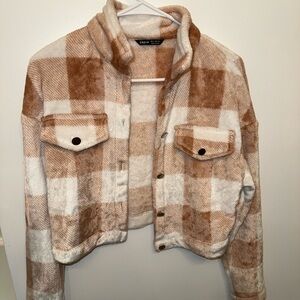 SHEIN Women's Cream and Brown Teddy Plaid Jacket